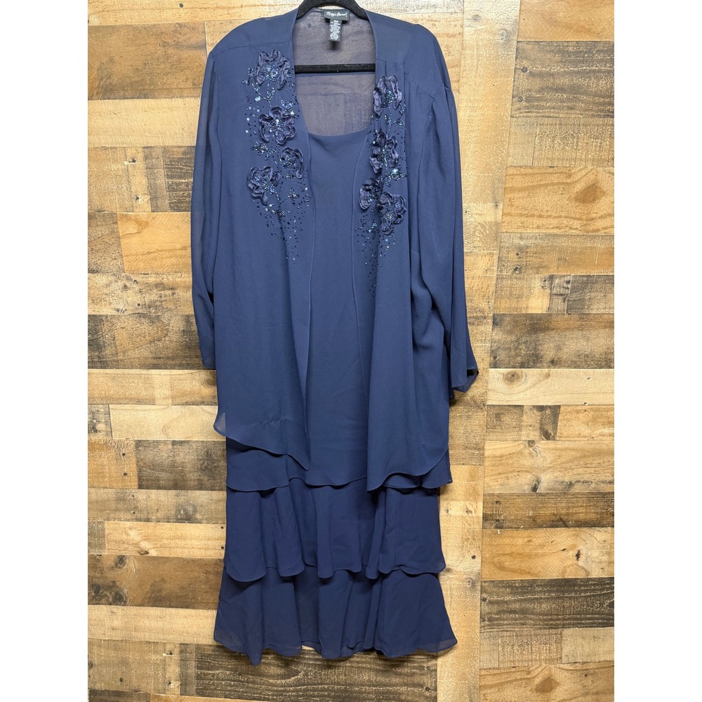 Maggie Barnes Navy Blue 2 Piece Dress Set Jacket Floral Beaded Plus Size 30W - Picture 1 of 8